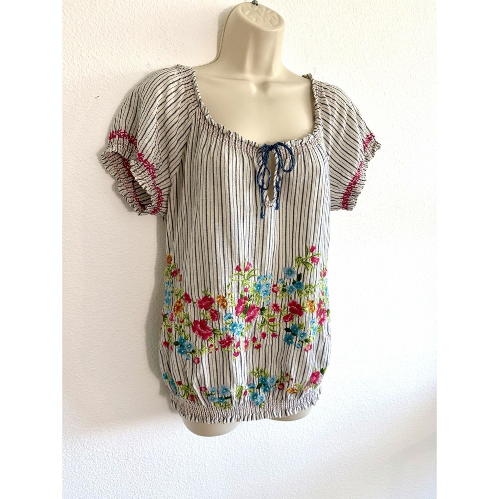 Johnny Was Embroidered Stripe Top S Puff Sleeve Smocked J3 Workshop Boho Cotton - Picture 4 of 12
